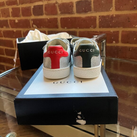 GUCCI Leather Velcro Trainers With Stripe Eu 22 Silver-Like mew